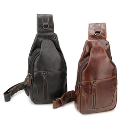 Men's Casual Chest Bag Made of High Quality Real Cow Leather Crossbody Bags Outdoors Small Purse Oil Wax Cowhide Natural Skin