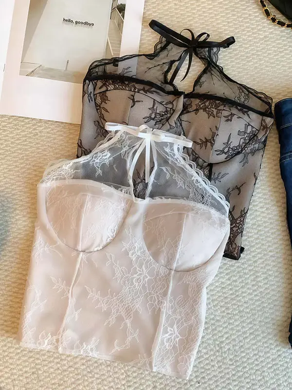 Summer New Sexy Lace Splice  Knot Hanging Neck Vest Slimming Fixed Band Chest Pad Short Women's Tank Top Breathable