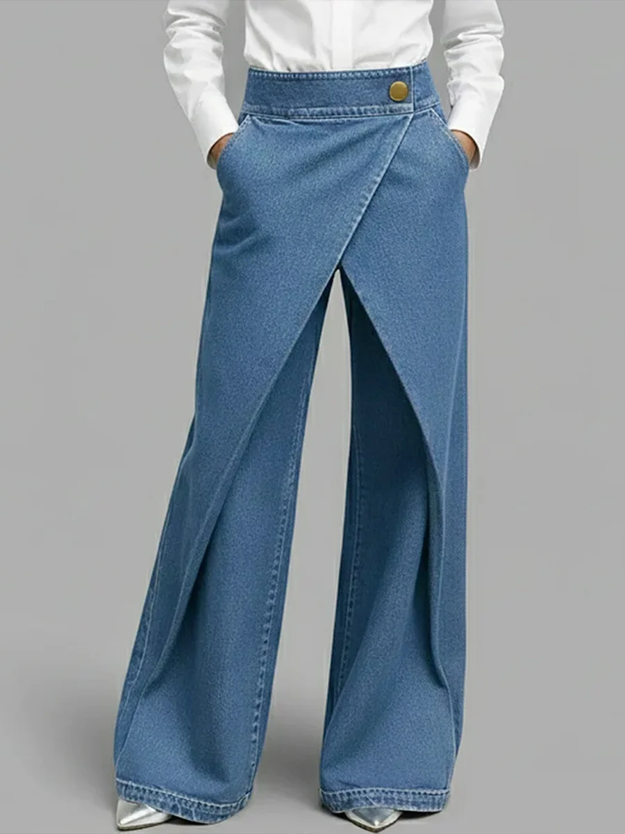 Spring Autumn Fashion Pleated Jeans New Women's Spring 2026 Trendy High Waist Denim Pants Versatile Solid Commute Trousers