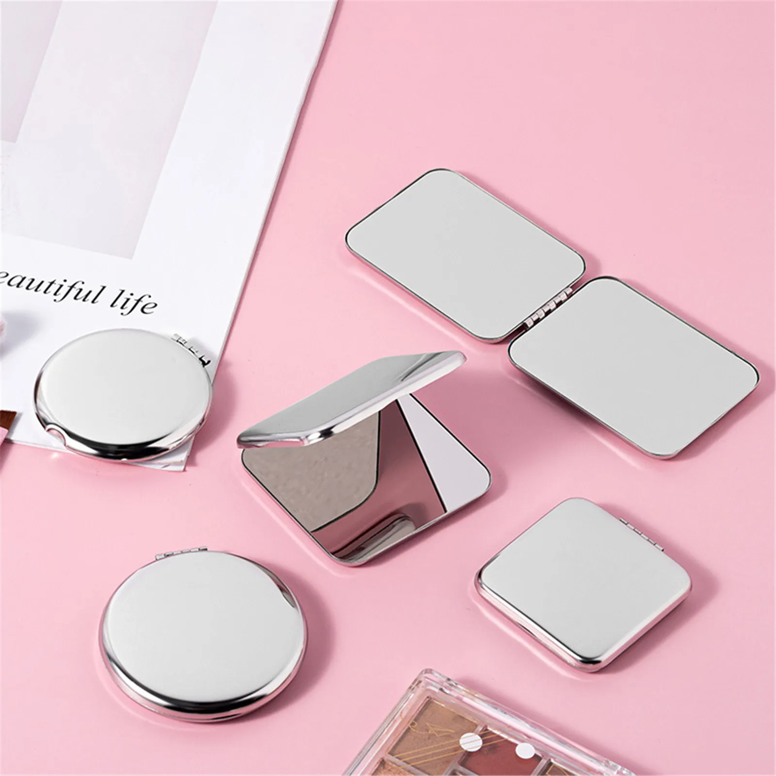 Stainless Steel Portable Double Sided Mirror Rectangular Round Folding Cosmetic Mirror Women Handheld Metal Makeup Mirror