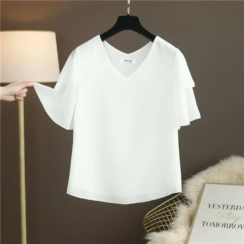 New Arrival Fashion Brand Women Blouse Summer Plus Size Flared Sleeve Loose Chiffon Shirt Short Sleeve V-neck Casual Tops Women