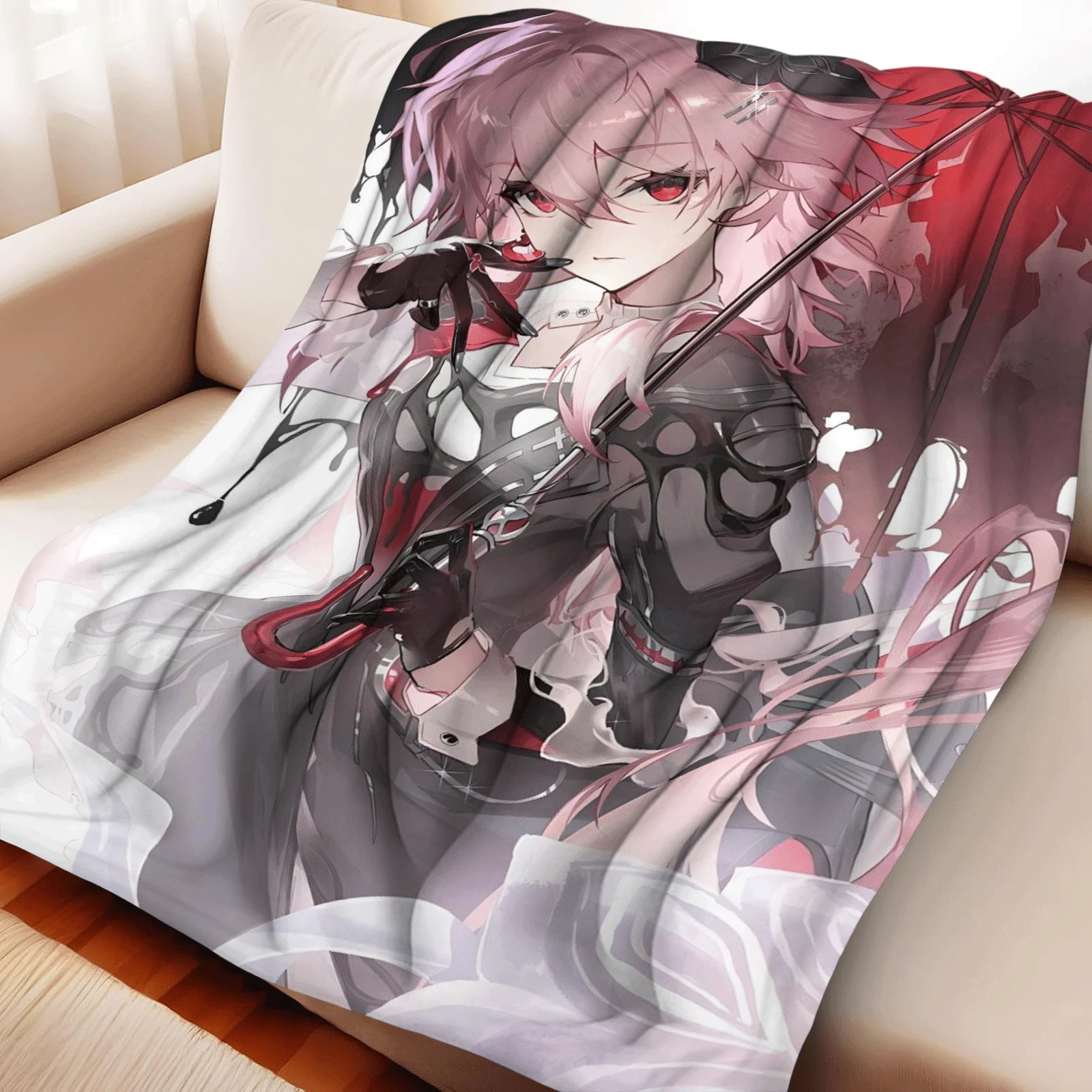 Anime Flannel Throw Blanket Evernight Pink Long Hair Red Eyes Black Floral Hair Clip Red Umbrella Dark Outfit Warm Sofa Bedding
