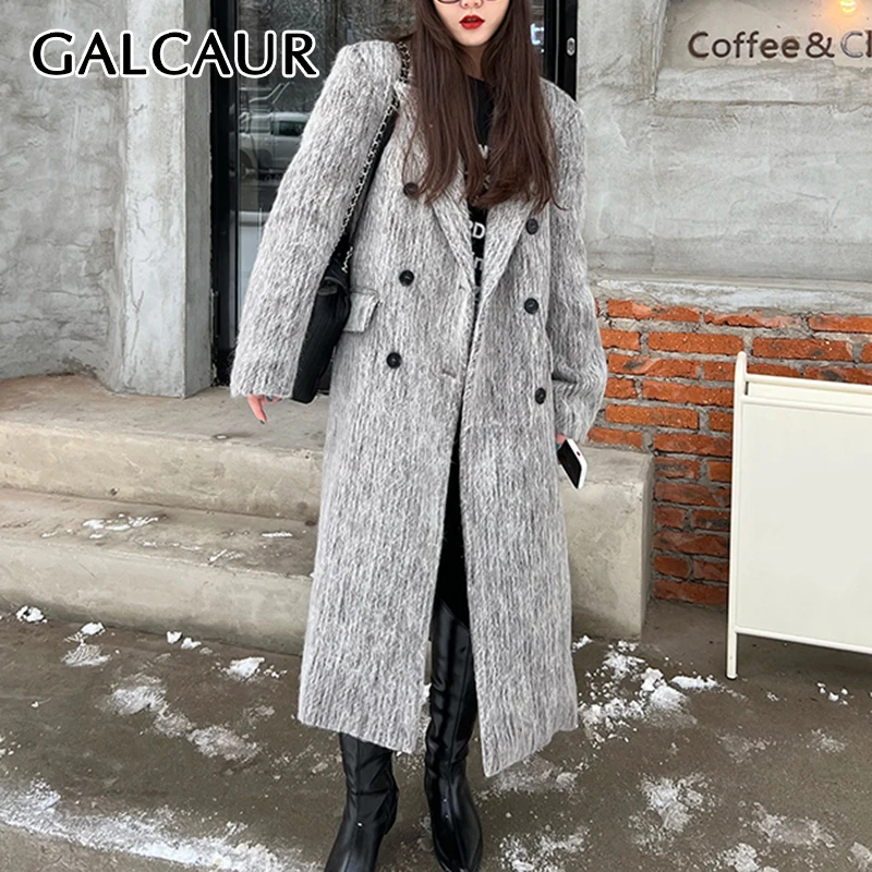 

GALCAUR Mixed Color Women Wool Coat Lapel Long Sleeve Patchwork Double Breasted Temperament Style Winter Outwear Female Clothing