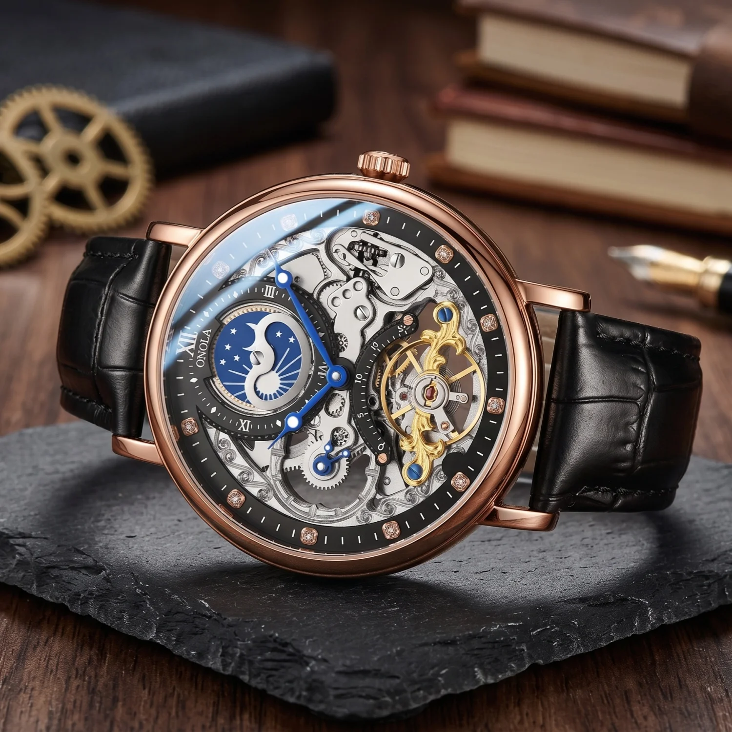 ONOLA Men's Retro Luxury Round Mechanical Watch, Moon Phase Hollow Dial, Rhinestone Mark, Official Men's Birthday Gift