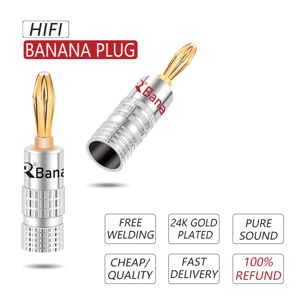 2pcs Banana Connector 4mm Speaker banana plugs 24K Brass gold plated 4mm Banana Jack match with 4mm binding post