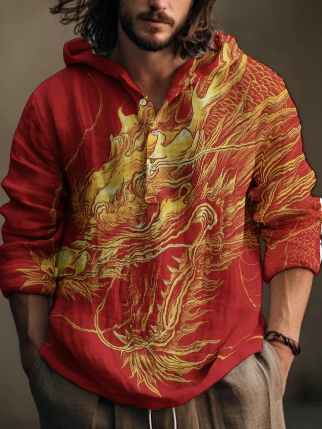 Men Vintage Chinese Golden Dragon Print Hooded Henley Shirt Long Sleeve Button Placket Loose Fit Casual Tops
