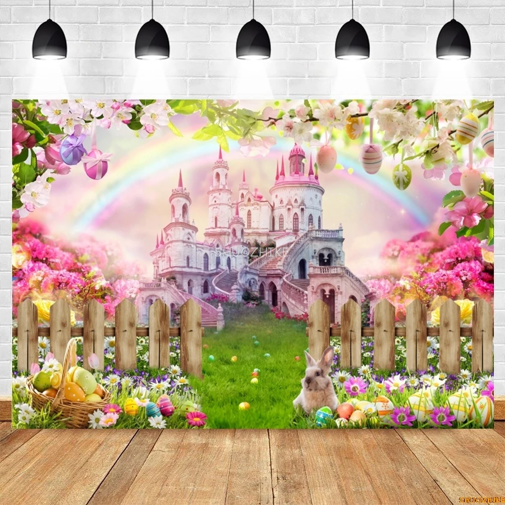 Spring Easter Backdrop Princess Castle Garden Fence Rabbits Eggs Girls Birthday Party Photography Background Decor Banner Poster