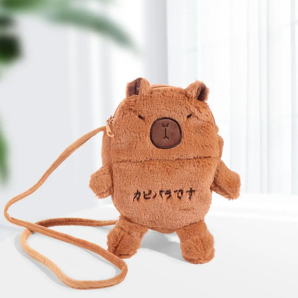 Casual Cartoon Capybara Crossbody Bag Korean Style Soft Plush Doll Shoulder Bag Purse Portable Mobile Phone Pouch Travel