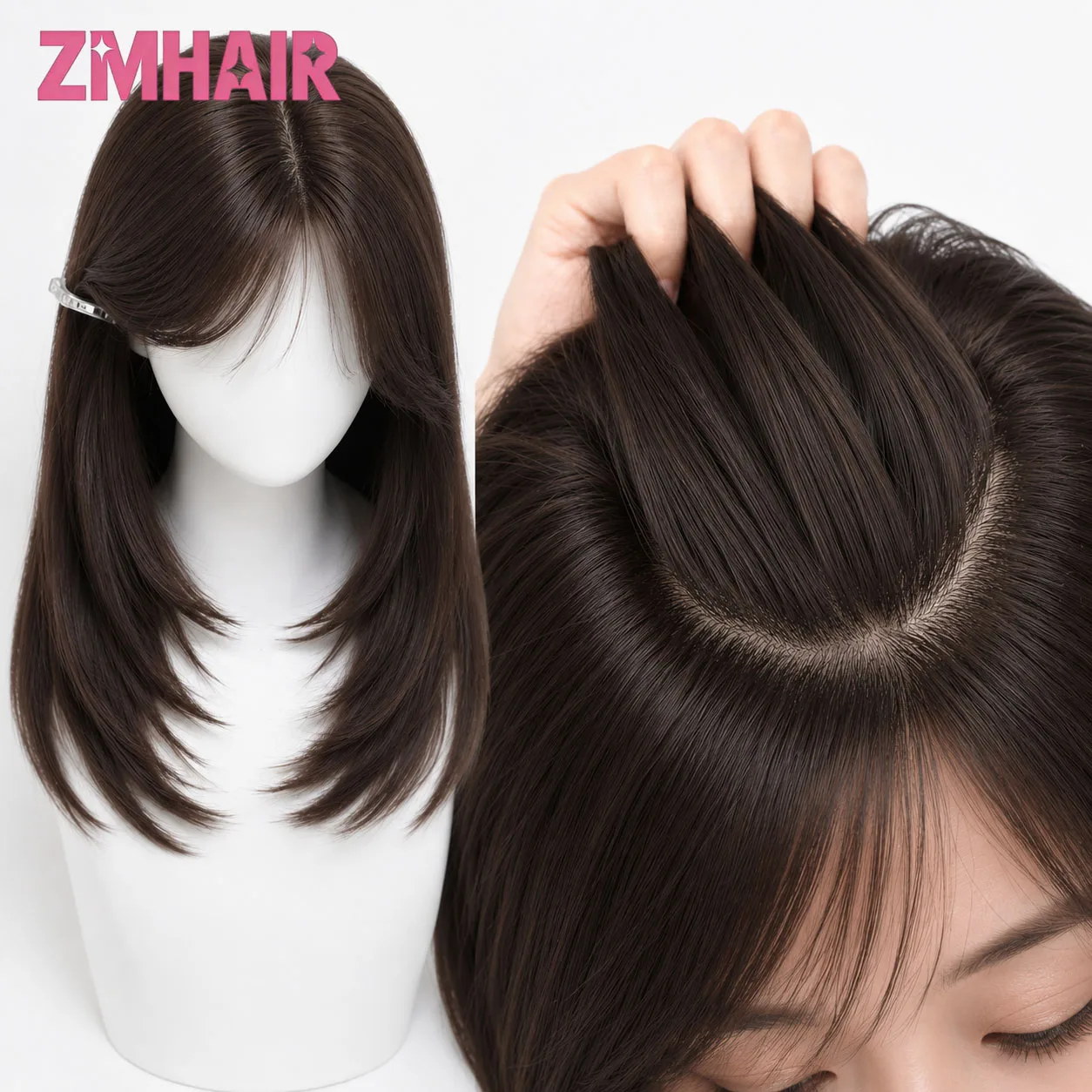 

6x6inch Silk Base Topper with Air Bangs Virgin European Human Hair Wig for Women Silk Top with PU Front Glueless Soft Breathable