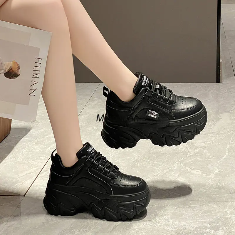 White Black Chunky Sneakers Women Spring Autumn Thick Bottom Shoes Woman\'s Fashion PU Leather Platform Sneakers Ladies Lace-up