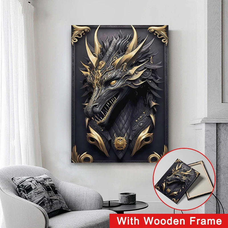 

Framed Retro Black Golden Dragon Poster Dark Cool Aesthetic Gothic Steampunk Style Home Decor for Bedroom Living Room Walls