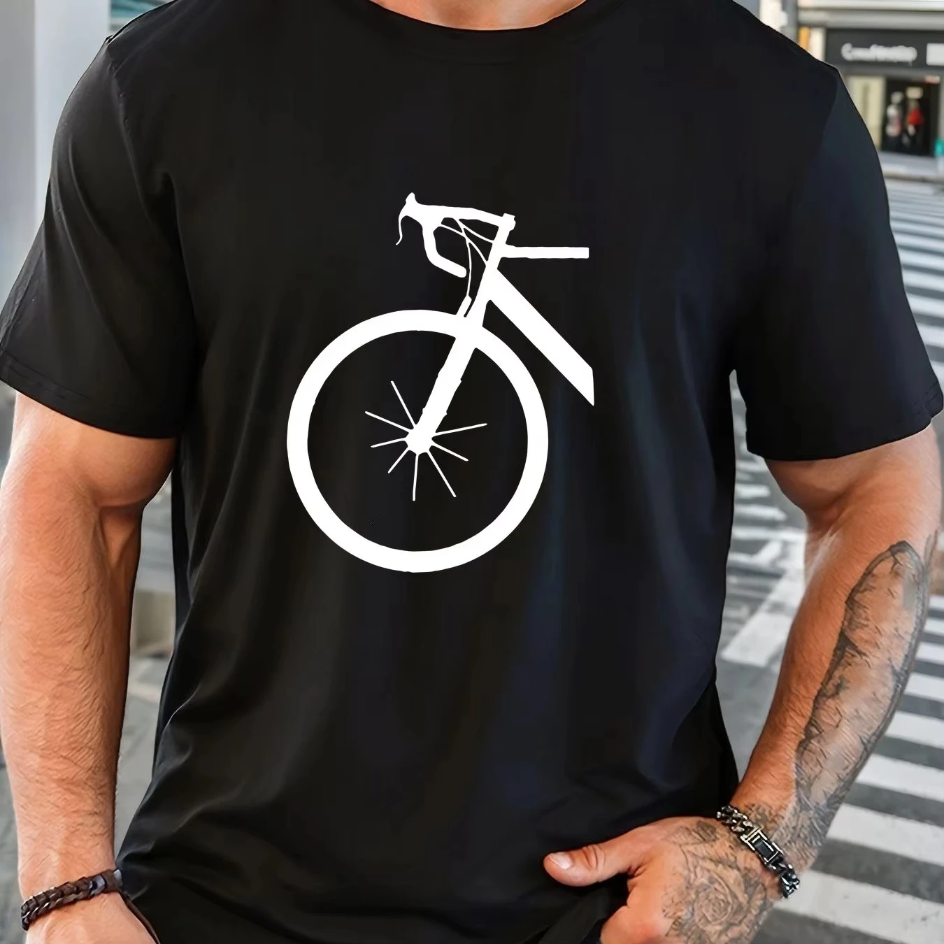 Men's Green Graphic T-Shirt - Breathable Enthusiast Apparel with White Bicycle Print Round Neck Short Sleeve Casual Shirt