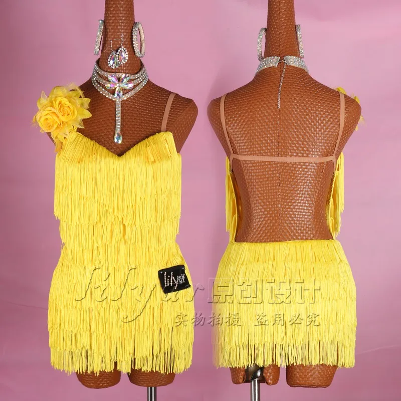 Vestido de baile latino de competición, falda de Salsa, disfraces de Pole Dancing, falda de actuación, borla, personalizado para adultos y niños,