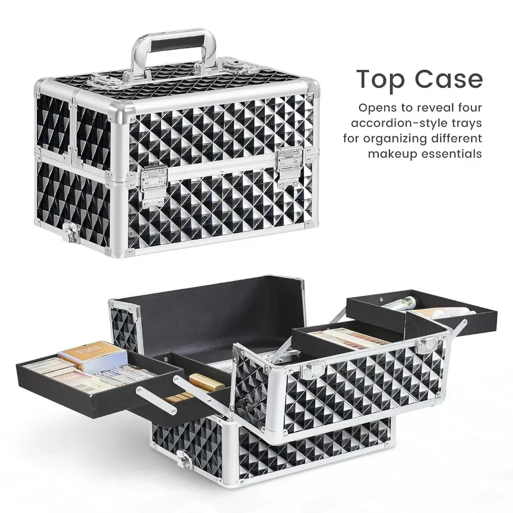 Train Case 4 in 1 Cosmetic Trolley Nail Tech Travel Case Rolling Makeup Organizer Salon Barber Case with Wheels Hairstylist