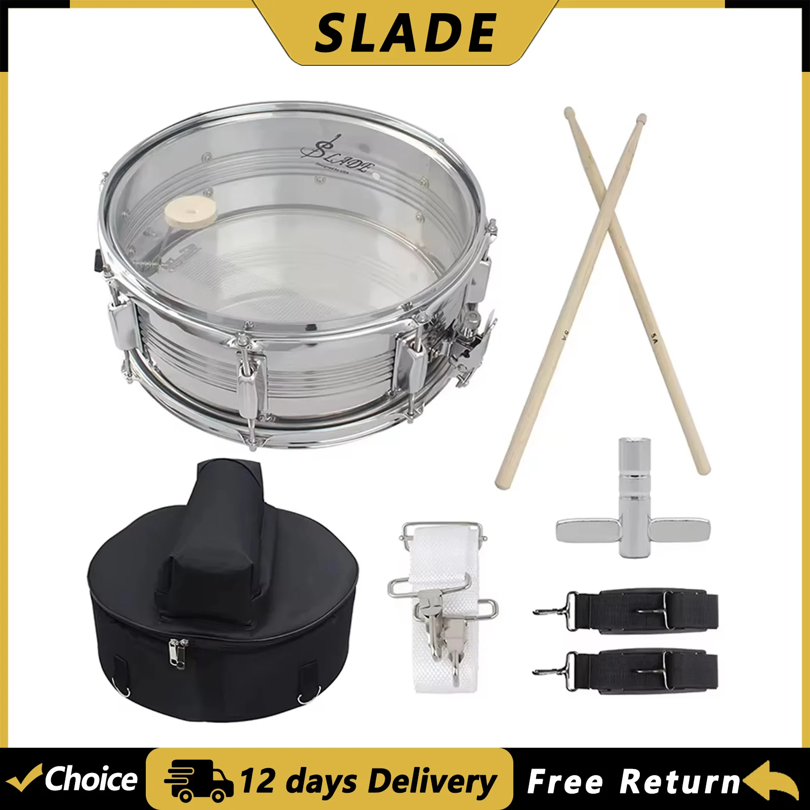 SLADE 14-Zoll-Snare-Drum mit Tasche, Trommelstöcken, professionelle vernickelte Snare-Drum für Übungszwecke, Schlaginstrument