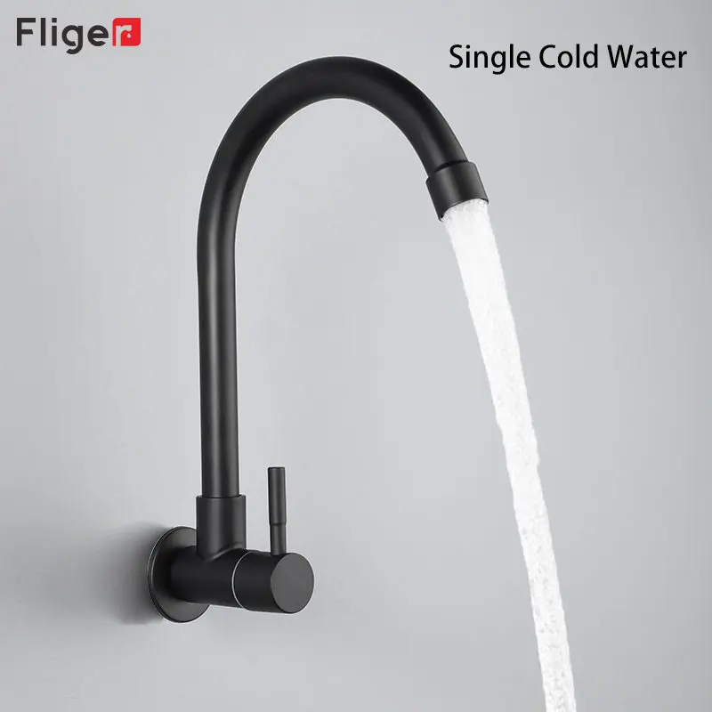 Fliger Stainless Steel Kitchen Faucet Wall Mounted Faucet Single Cold Water Sink Top Black Sink faucets Torneira Cozinha