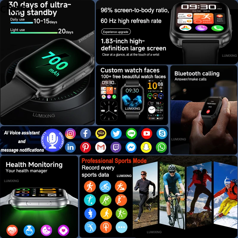 HT Smartwatch for Men and Women, Outdoor Sports Fitness, Heart Rate Tracking, Bluetooth Calling, Waterproof