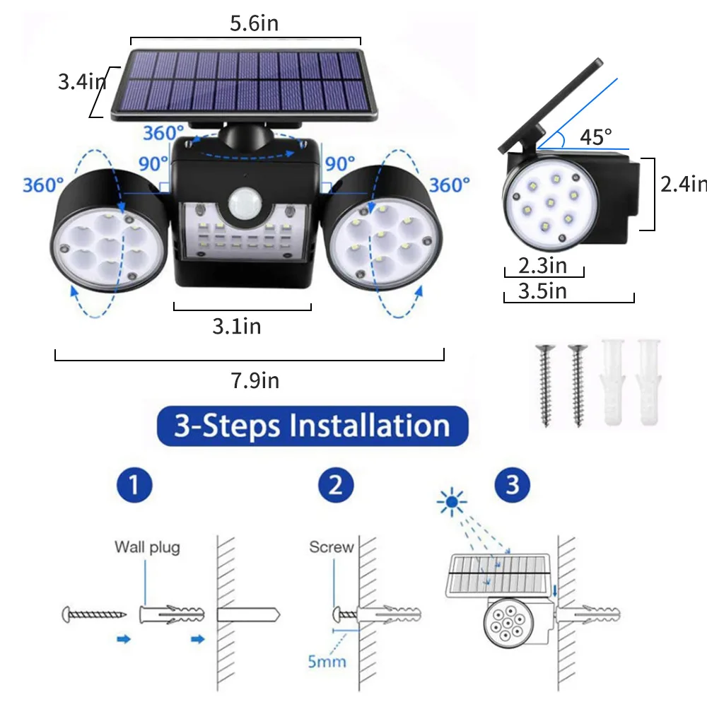 Solar Lights Outdoor IP65Waterproof 3 Heads Motion Sensor Security Solar Lights 30 LED 360°Adjustable Head Spotlights for Garage
