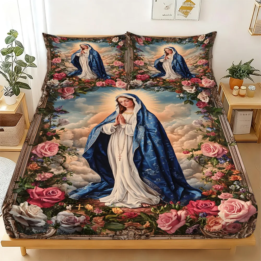 3Pcs Virgin Mary Rose Pattern Bed Sheet Set, Printed Bed Sheet, Mattress Protector, Breathable Polyester Material (Includes 1 Bed Sheet + 2 Pillowcases), Mattress Protector, Elastic Fitted Bed Sheet, Protective Cover, Mattress Protector, Fitted Bed Sheet Set, Christmas Themed Bedding, Baby Bedding, Suitable for Nursery Room
