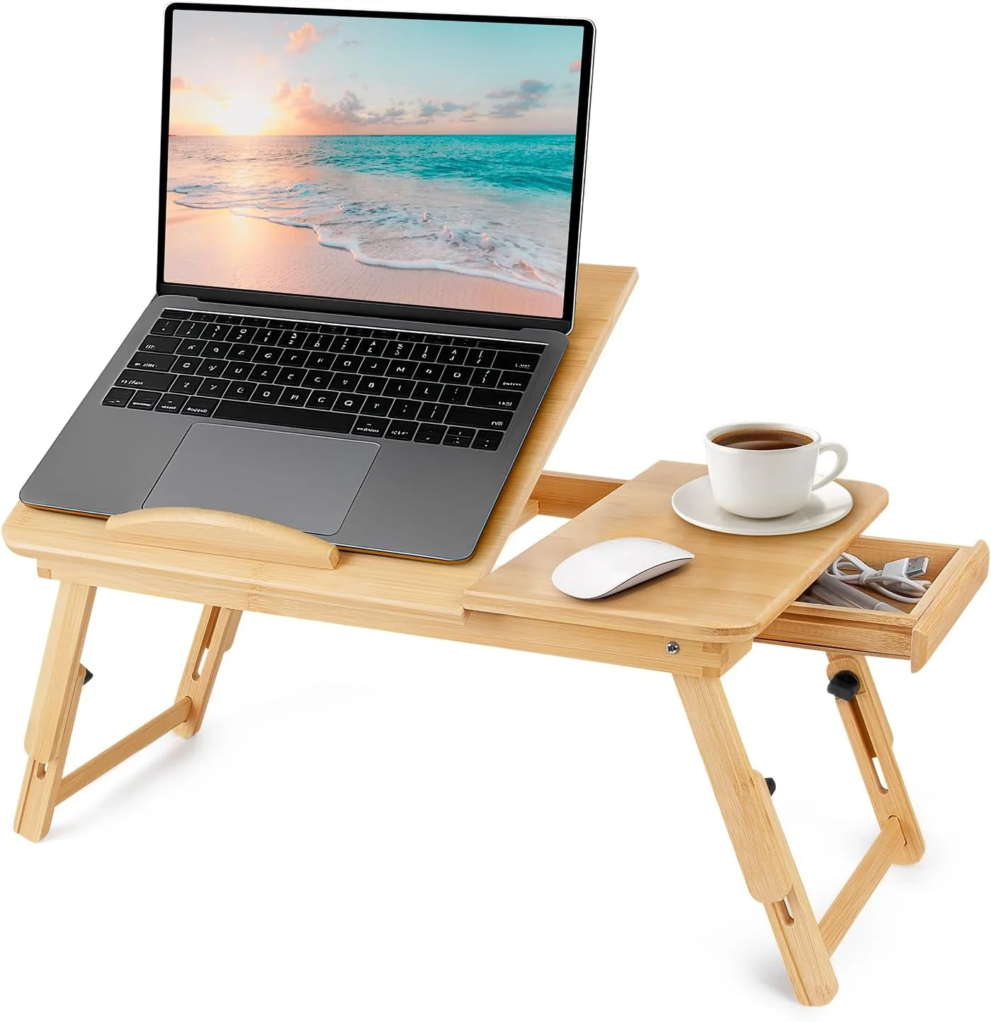 Adjustable Bamboo Laptop Bed Tray Foldable Lap Desk with Tilting Top, Mouse Board and Storage Drawer