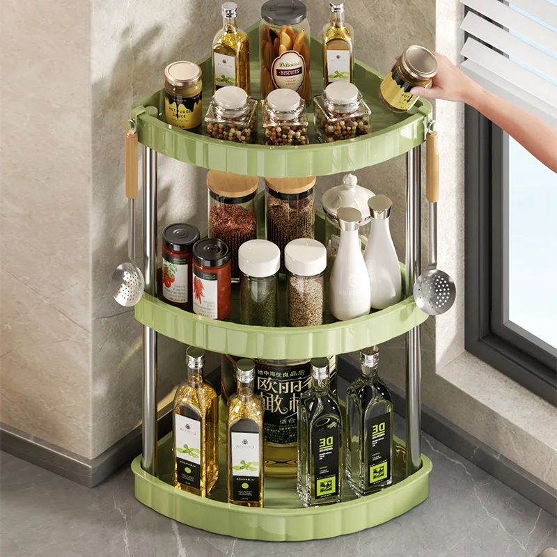 Kitchen Spice Rack Shelf Countertop Corner Multifunctional Seasoning Supplies Rack Saving Spice Rack Organizer with Hooks