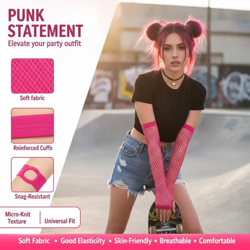 Schwarze, fingerlose, lange Handschuhe aus Netzstoff, weich, elastisch, sexy, ideal für Halloween, Cosplay, Punk-Partys und Bühnenauftritte. – Detail 8