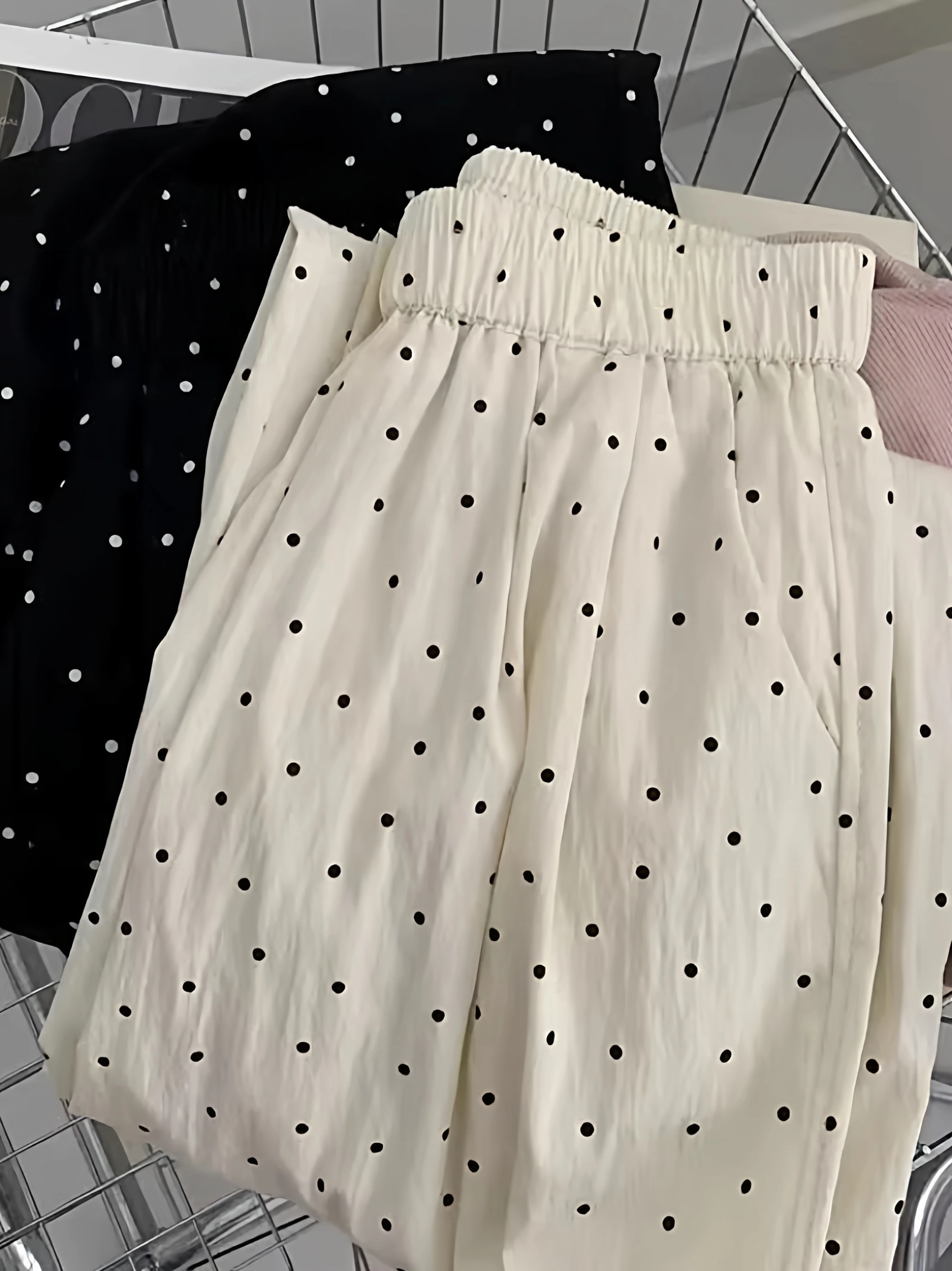 

Summer Thin Ice Silk Yamamoto Women's Casual Loose Wide Leg Pants for Walking Outdoors Polka Dot Pattern High Waist Comfortable