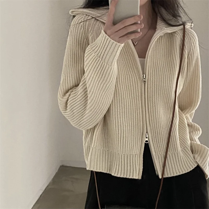 Korean Fashion Zipper Up Knitting Cardigan Women Autumn Long Sleeve Turtleneck Sweater Woman Solid Color Cropped Cardigans XK30