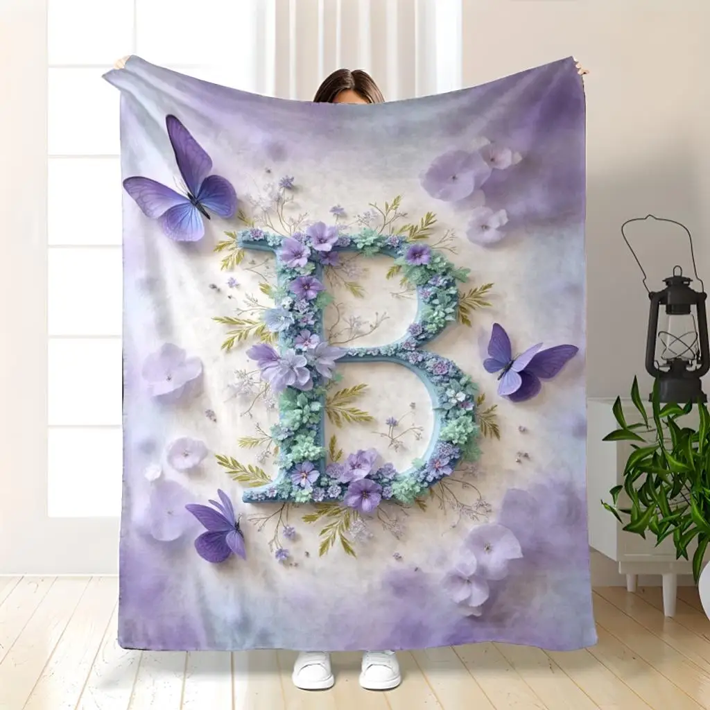 Giant Floral Initial Letter B Blanket Butterfly Purple Watercolor Throw Cozy Nursery Decor 150x200cm