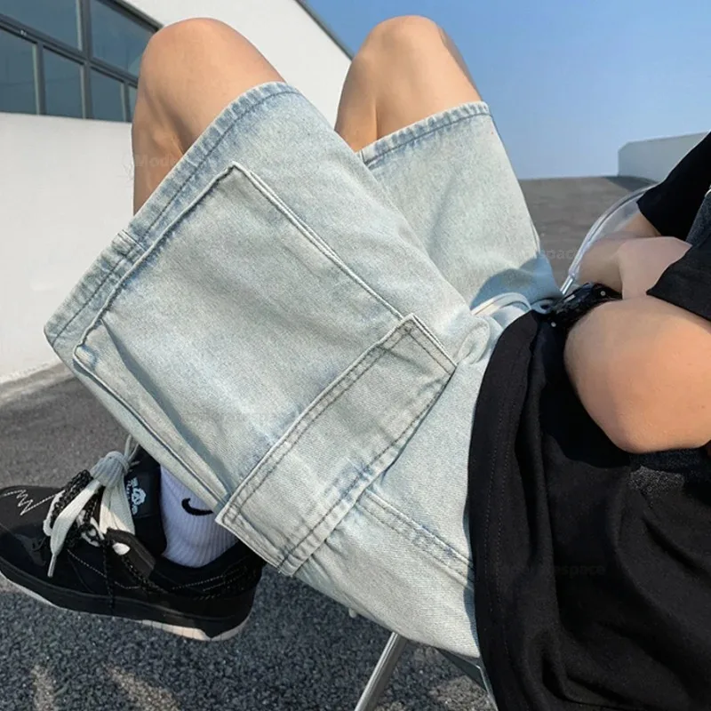 Baggy Denim Shorts Men's Summer New Pocket Jeans Elastic Waist Casual Blue High Street Drawstring Short Pants Streetwear