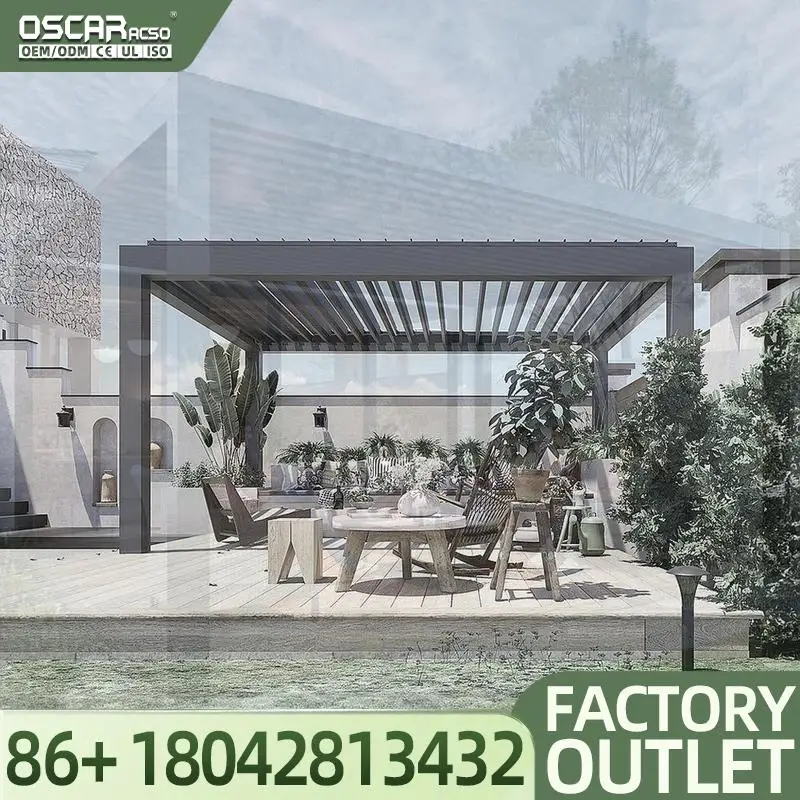 Waterproof Aluminum Motorized  Gazebo with Remote Controller Outdoor Patio Shade for Garden Balcony Beach Natural Style Pergola