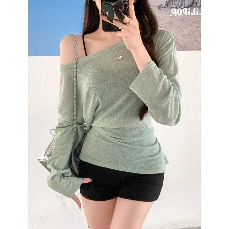 Pure Desire Diagonal Shoulder Long Sleeve T-shirt for Girls Wind Perspective Sunscreen Top Show off Skinny Shoulder