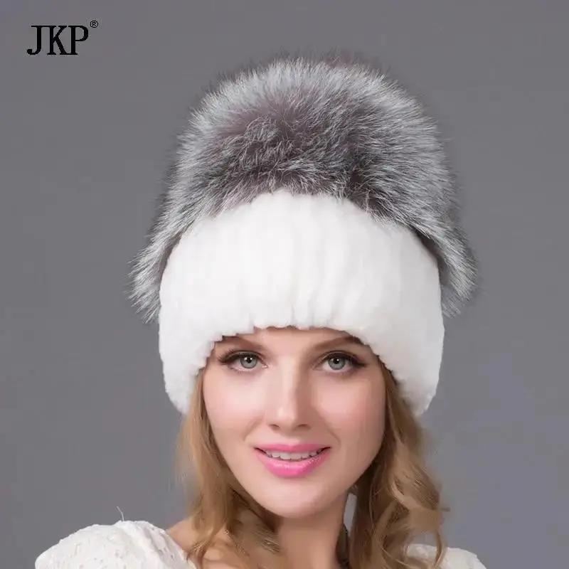

JKP Зимняя меховая шапка из кролика рекс для женщин с лисьим мехом, модная вязаная шапка, шапочки, меховая шапка, подарок, кепки хорошего качества THY-27