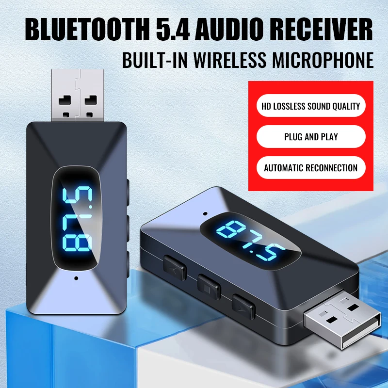 Mini Transmetteur Récepteur USB Bluetooth 5.4 T65 avec Affichage LED, Kit d'Appel Mains Libres, Audio existent Sans Fil pour Radio FM