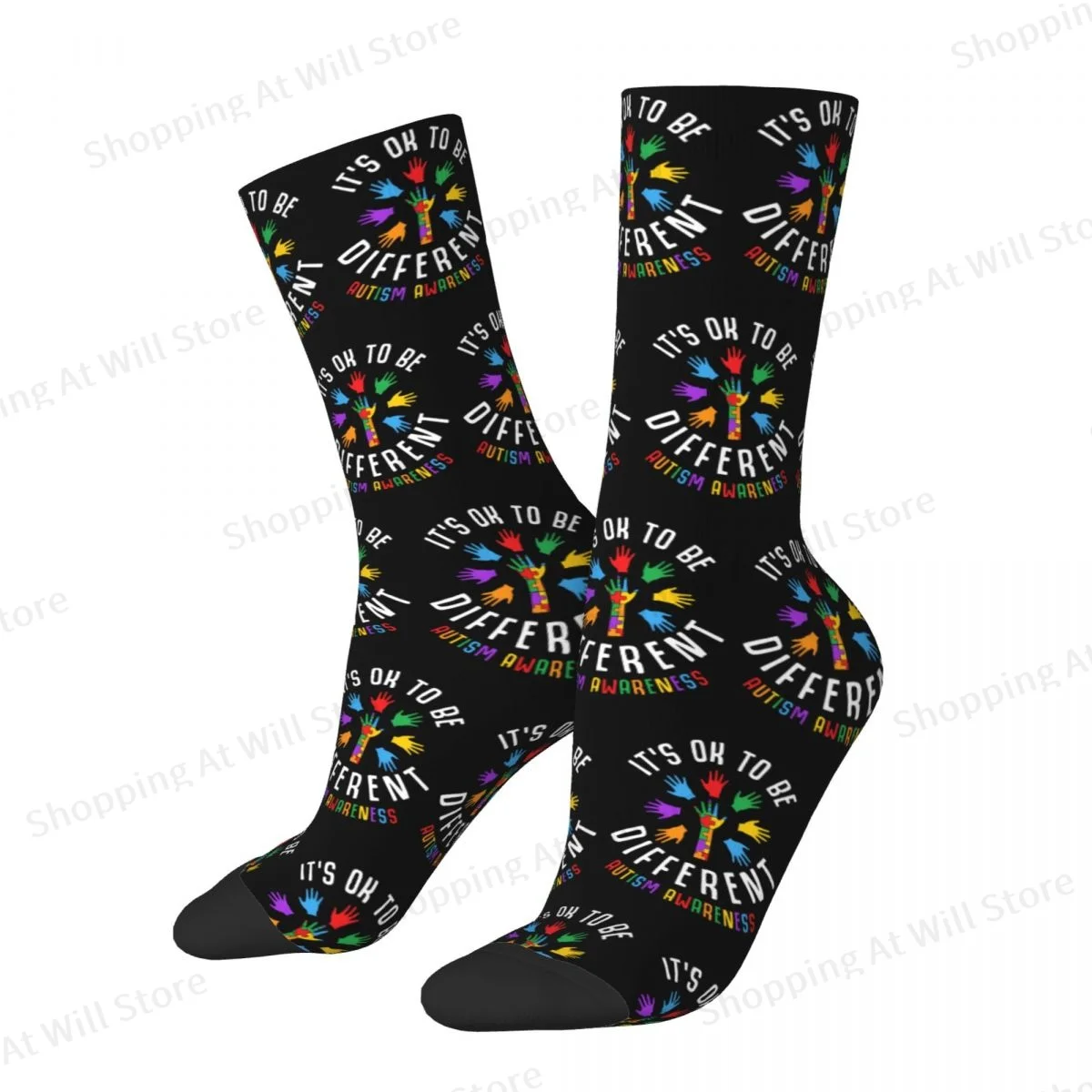 It's Okay To Be Different Autism Awareness Support Puzzle Hands Unisex Winter Socks Fun printing Socks Street Style Crazy Sock