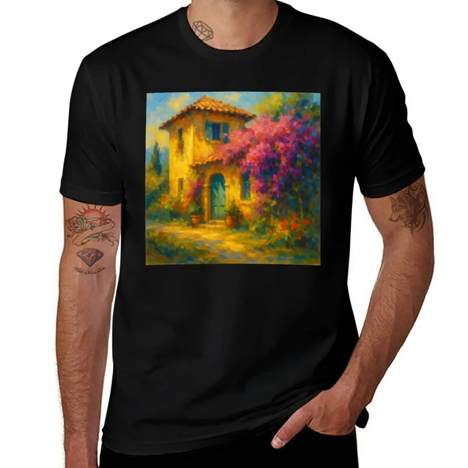 

Sunlit Tuscan Villa with Blooming Bougainvillea T-Shirt shirts graphic tees boys animal print mens clothing