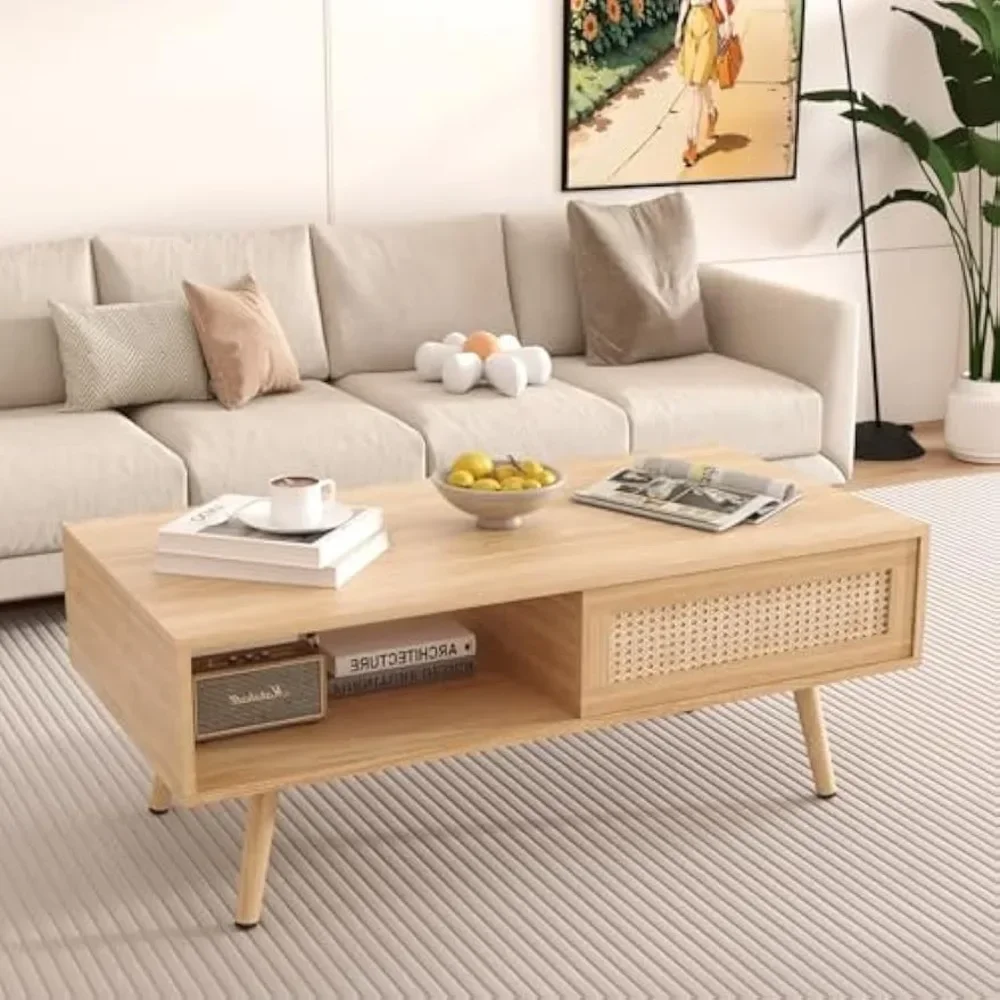 

Modern Rattan Coffee Table with Sliding Door Storage, 41.3 Inch Small Wood Coffee Table with Solid Wood Legs, Boho Coffee Tables