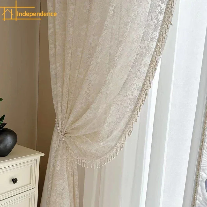 

New Cream Lace Embroidered Screen Curtain Pearl Lace Curtains for Living Room Bedroom French Window Balcony Window Customized