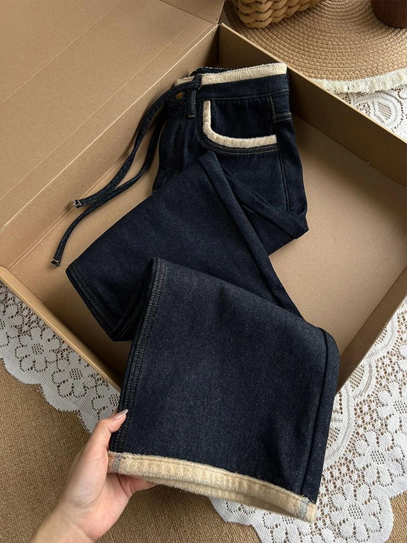 الشتاء التشفيه المخملية الجينز للنساء الرجعية عالية الخصر الدافئة واسعة الساق الدنيم السراويل التباين سميكة مستقيم الساق السراويل