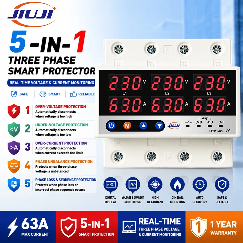 Din Rail 3 Phase Voltage Relay 3P+N Voltmeter Ammeter Over and Under Voltage Monitor Relays Protector Adjust Current Overvoltage
