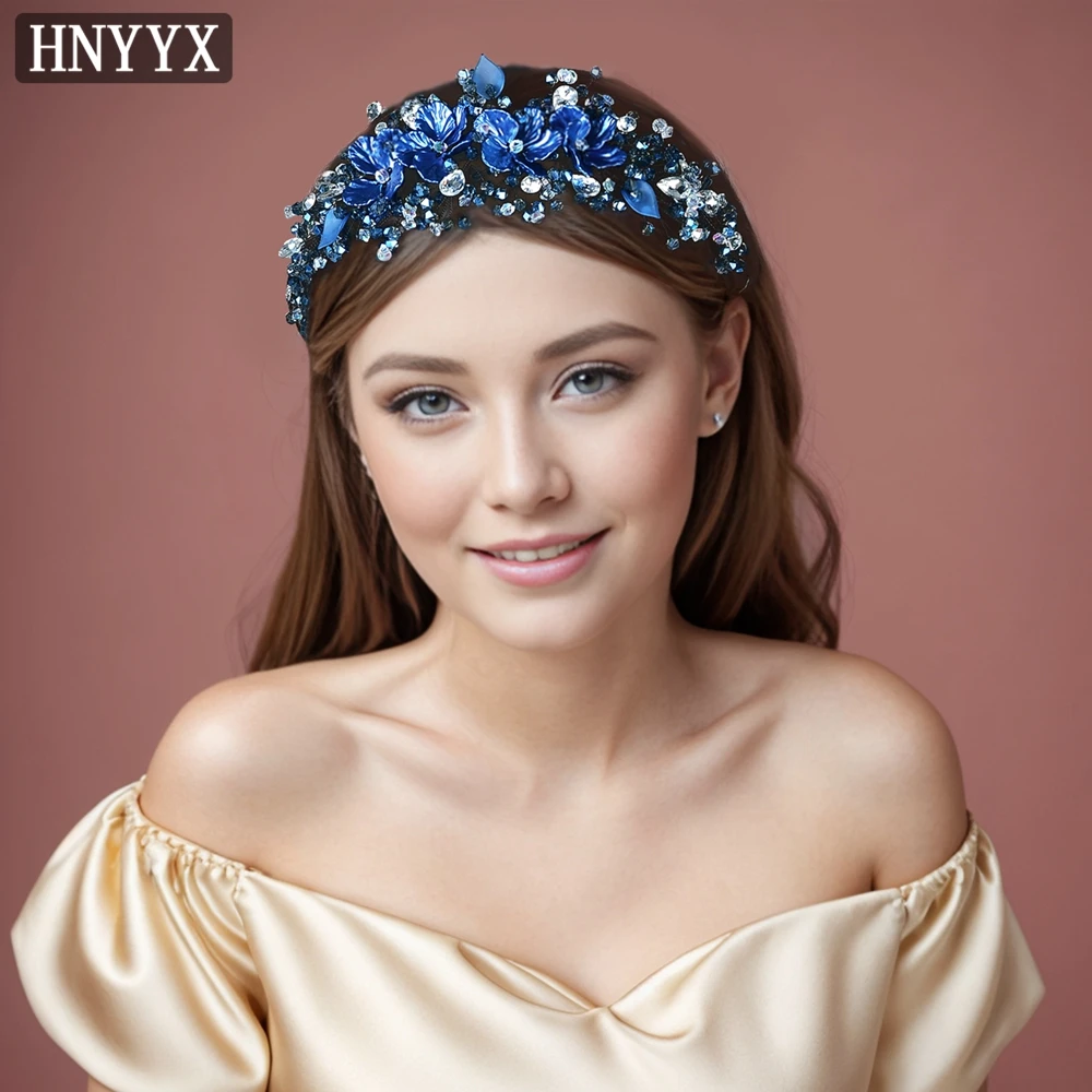 HNYYX Blue Crystal Beaded Headband Shell Flower Hair Accessories Vintage Hair Hoops Wedding Hair Tiara Party Headdress A126