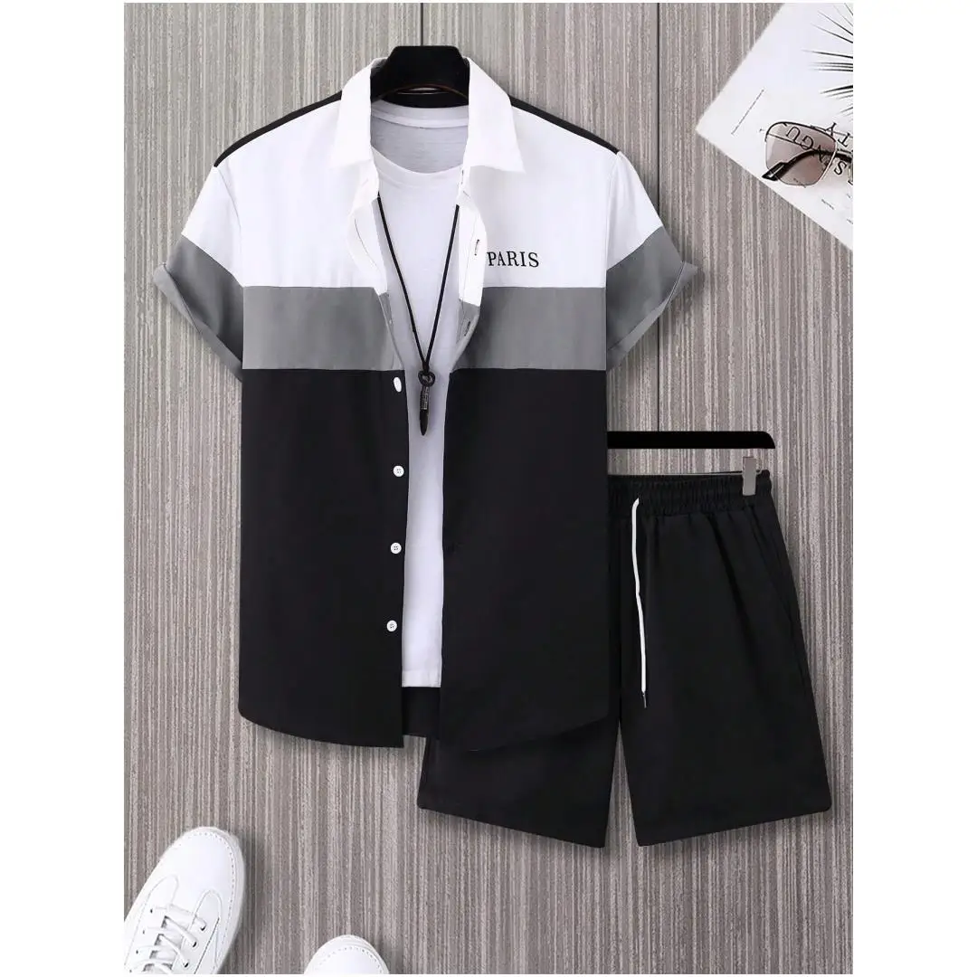Men's Fashion Suit Blue And White Patchwork Color Single-breasted Short-sleeved Lapel Shirt And Shorts Y2k Men's Two-piece Suit