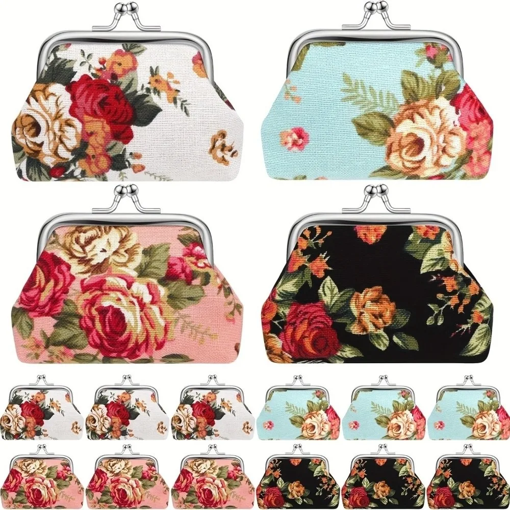 Tragbare Mini-Geldbörse mit Rosen-Blumendruck, Metall-Haspe, Clutch-Geldbörse, Segeltuch, Kreditkartenetui für Damen