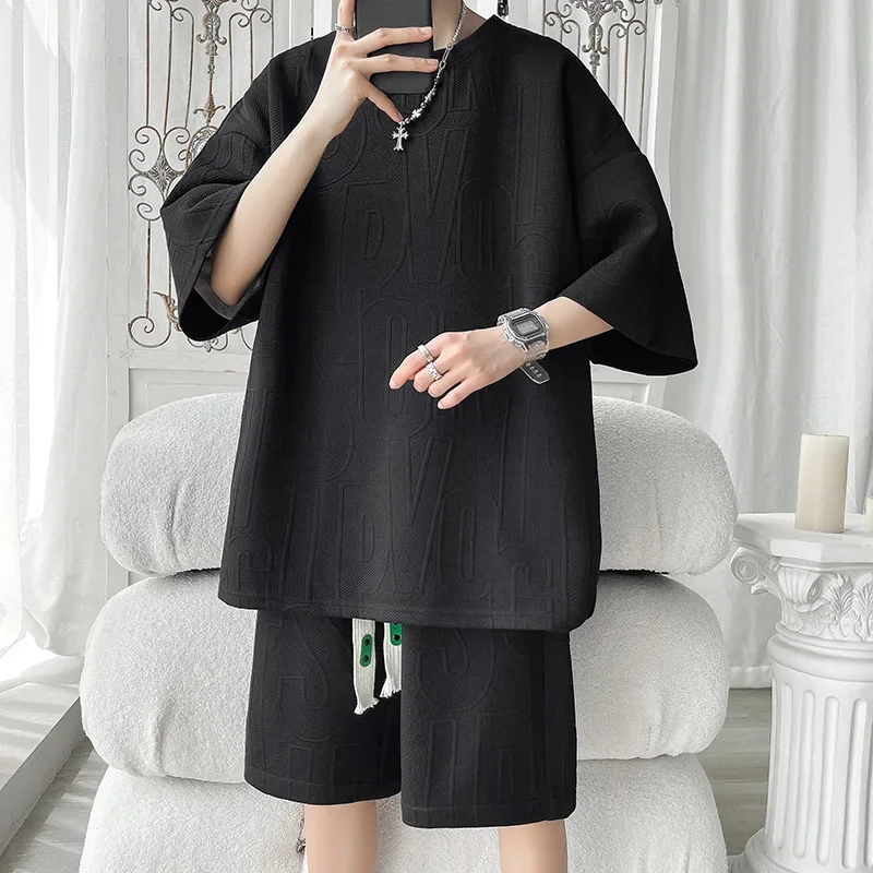 Korean Fashion Letter Men Sets Tshirts Shorts Hip Hop Casual Suit 2 Piece Set Summer Tracksuit Men 2025 New