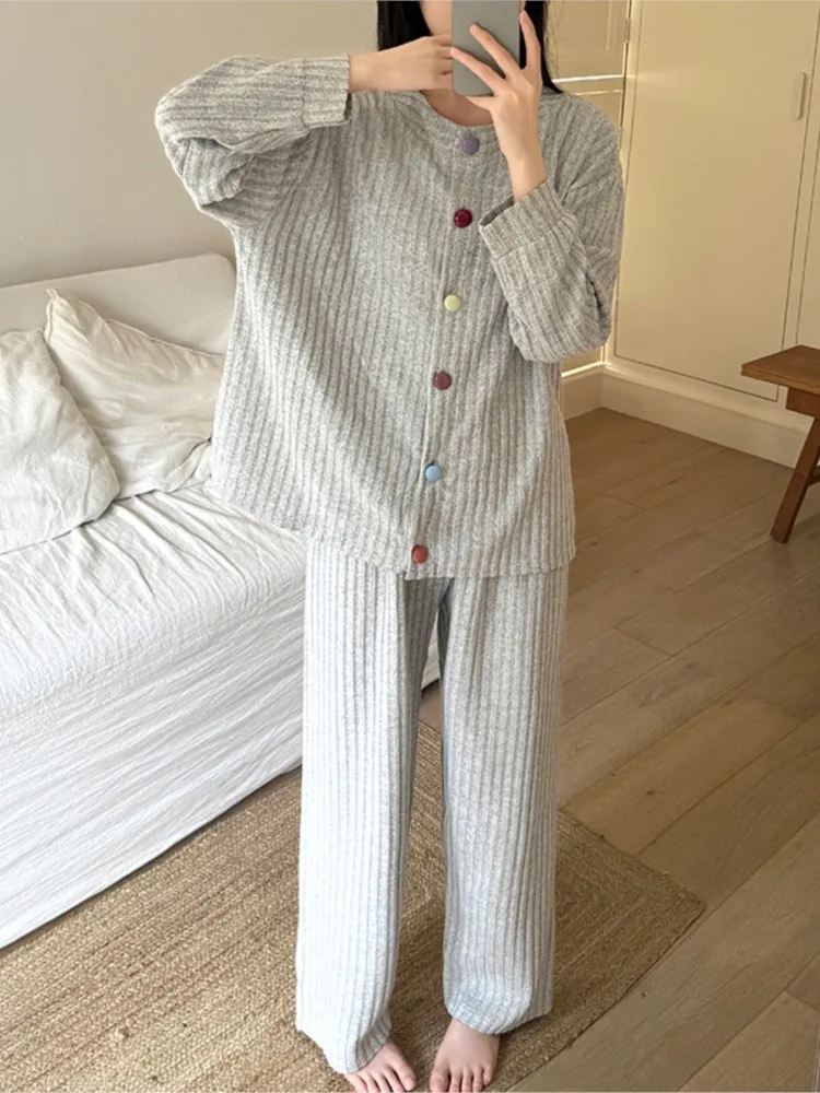 

Homewear For Woman's Solid Color Two-piece Suit Fashion Single-breasted Top Long Pant Sets Autumn Winter Ladies Pajamas Outfit