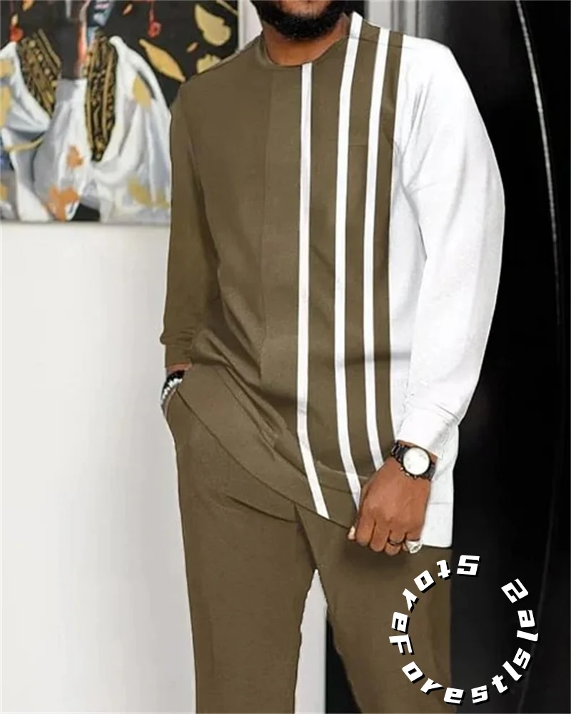 Men Tracskuit Set 2-piece Striped 3D Printed Casual Walking Suit Fashion Streetwear Long Sleeve T-Shirt Trousers Outfits