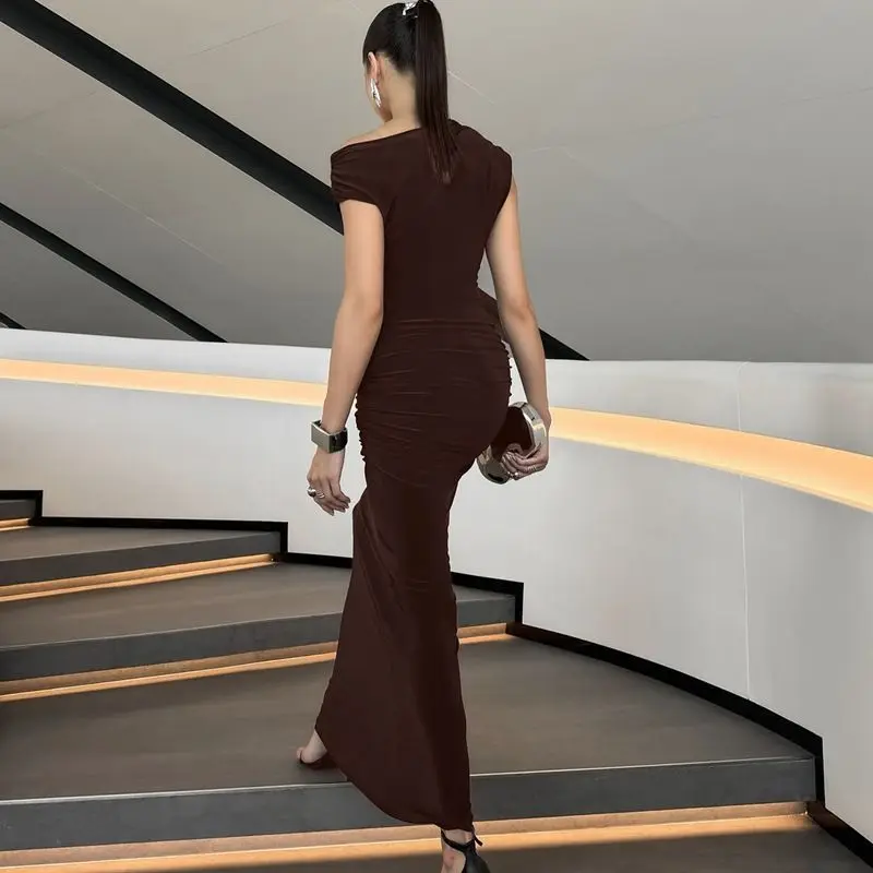 Sexy Ruched One Shoulder Bodycon Dress Summer Spring Tight Fitted Long Dresses for Women Evening Dress Jumpsuit Playsuit 2
