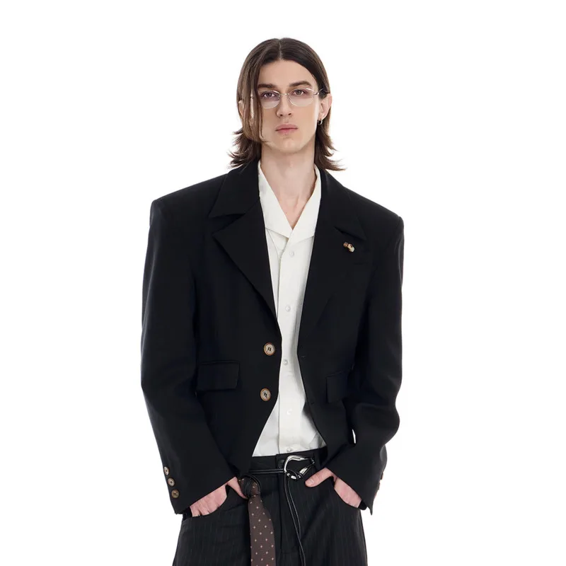 WVGA Spring Autumn New Men's Vintage Short Blazer Turn-Down Collar Unique Slanted Hem Design Niche Chic Casual Jakcet Ins W26375