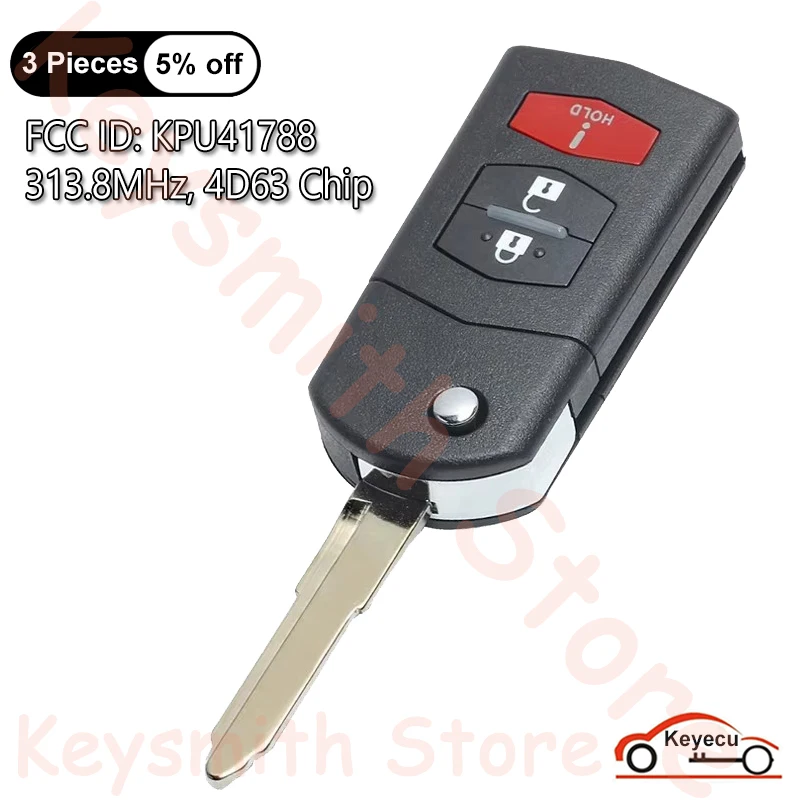 KEYECU 3 Buttons 313.8MHz 4D63 Chip for Mazda 6 RX-8 2005 2006 2007 2008 Auto Flip Remote Control Key Fob FCC ID: KPU41788