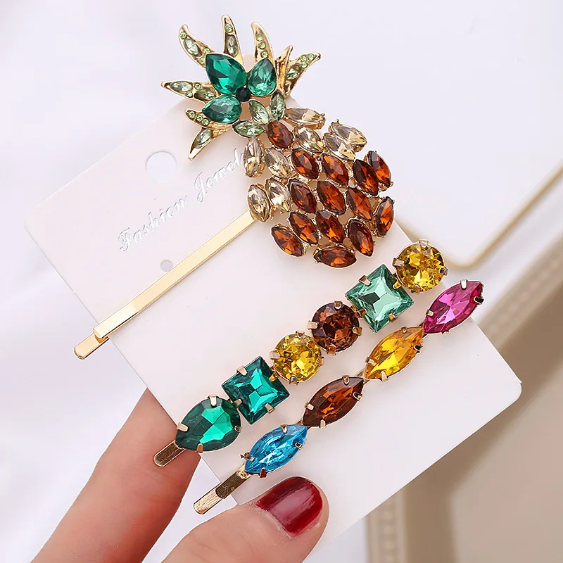 Luxury Barrette Hairpin Hair Pin Accessories Wedding Cute Sweet Rainbow Gems Crystal Rhinestone Flamingo Pineapple Hair Clip Set